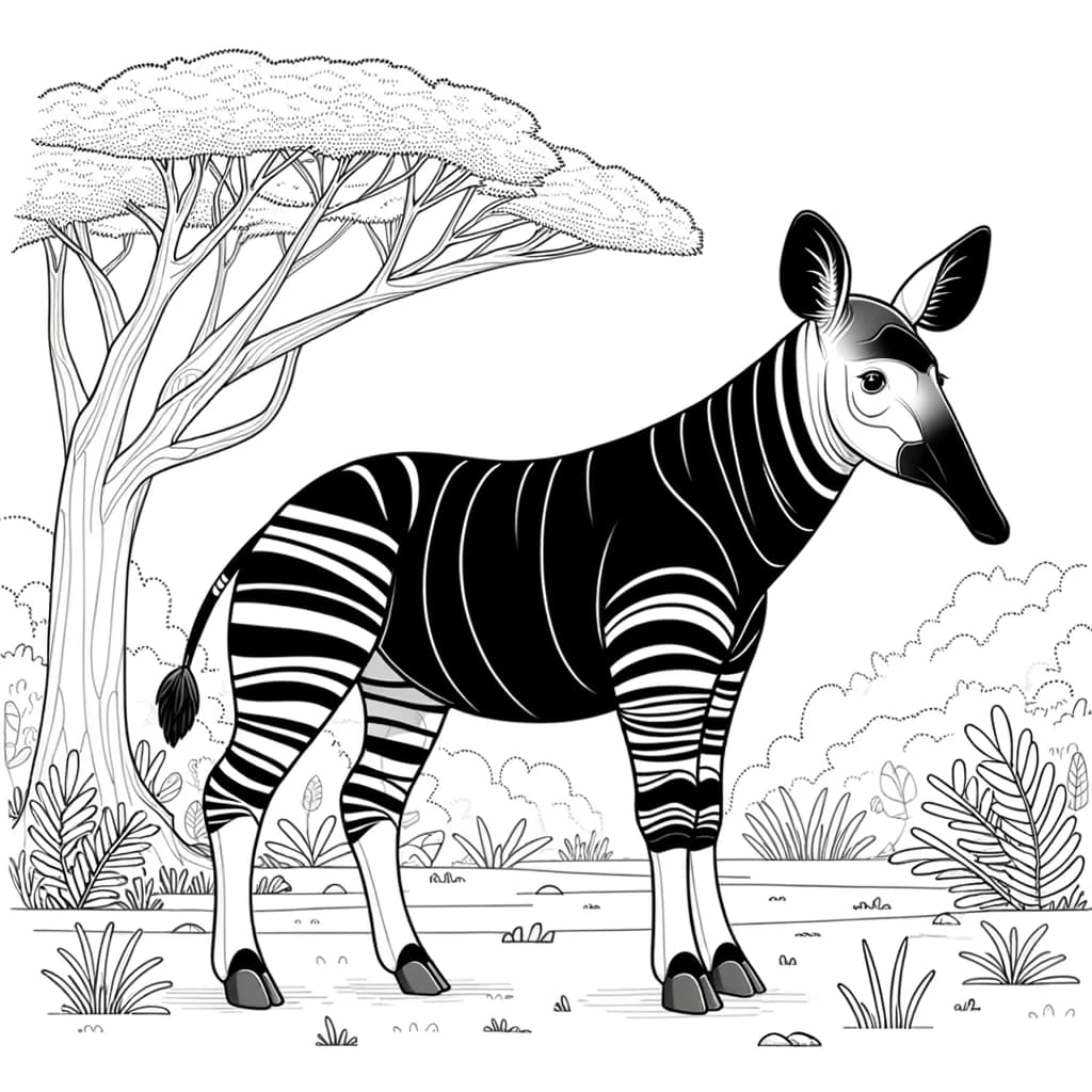 Ausmalbild - Der geheimnisvolle Okapi - Okapi, Wald, Streifen, Langhals