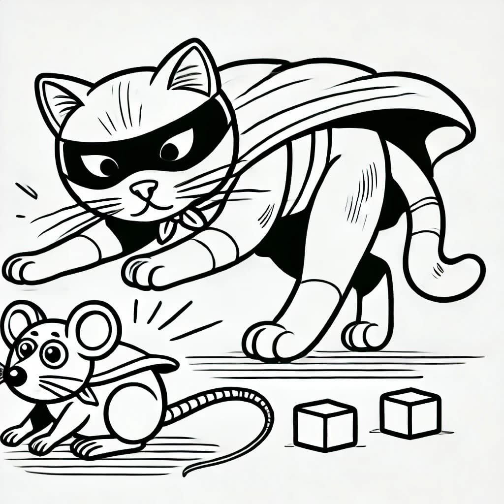 Ausmalbild - Superkatze auf geheimer Mission - Superkatze, Spielzeugmaus, schleichen, Cape