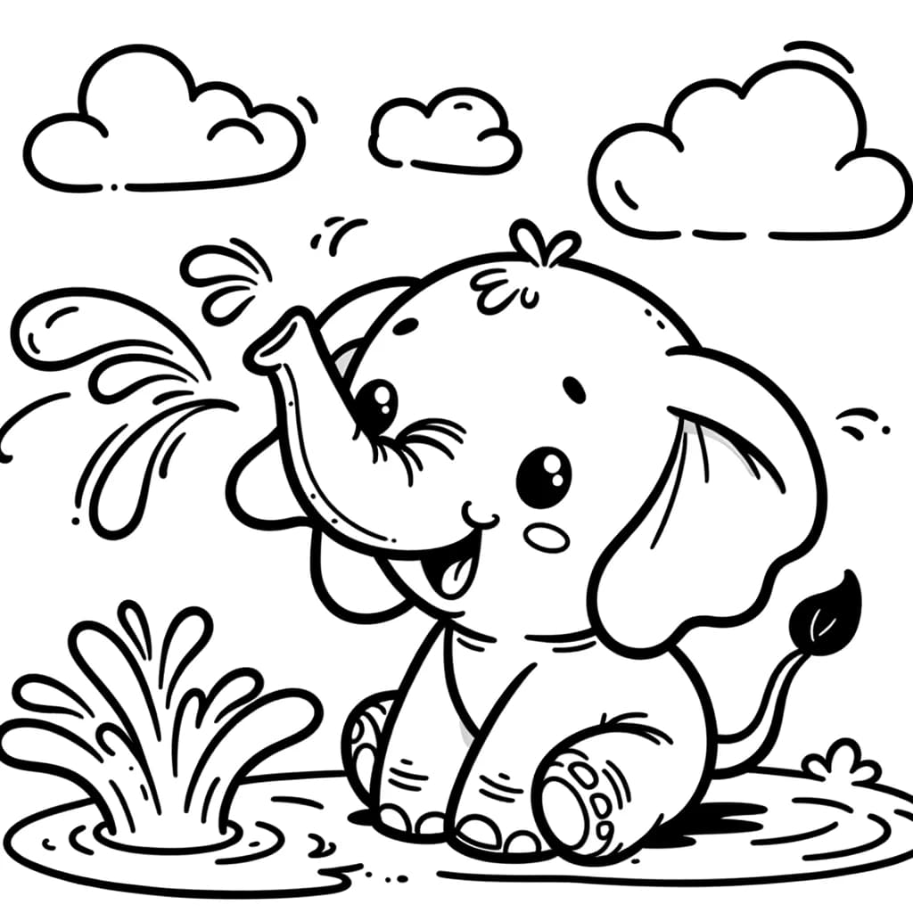 Ausmalbild - Der spielende Elefant - Elefant, Wasser, Spiel, Trunk
