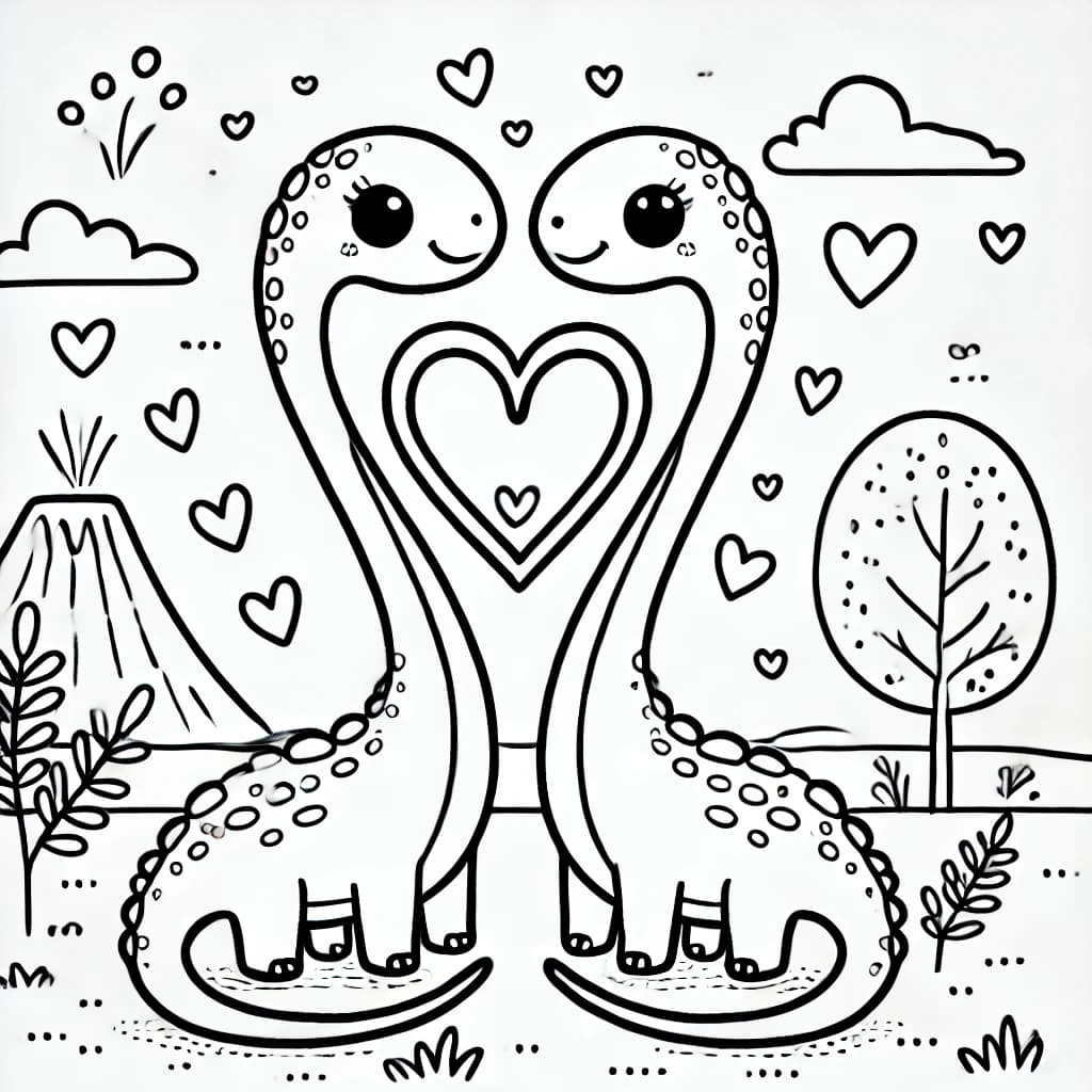 Ausmalbild - Verliebte Langhals-Dinosaurier - Dinosaurier, Liebe, Herz, Vulkan