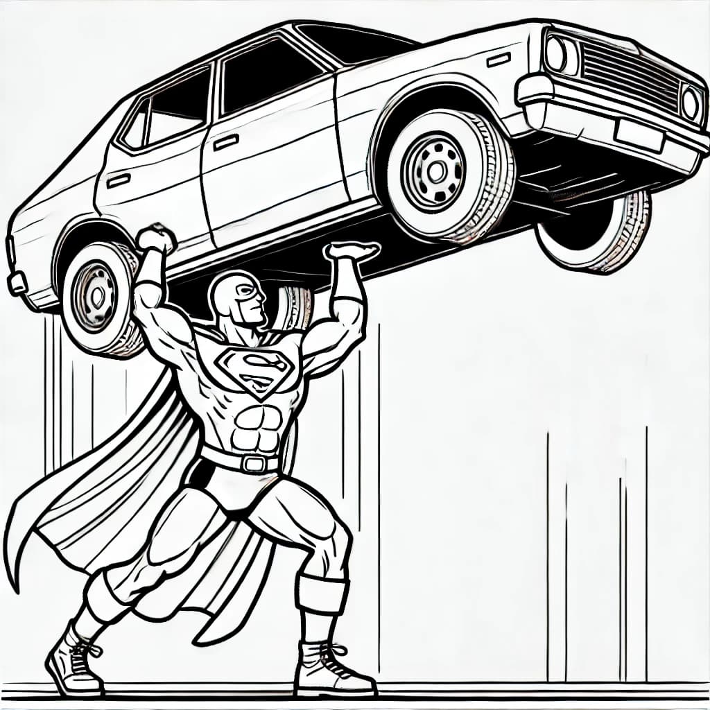 Ausmalbild - Der starke Superheld - Superheld, Auto, Kraft, Abenteuer