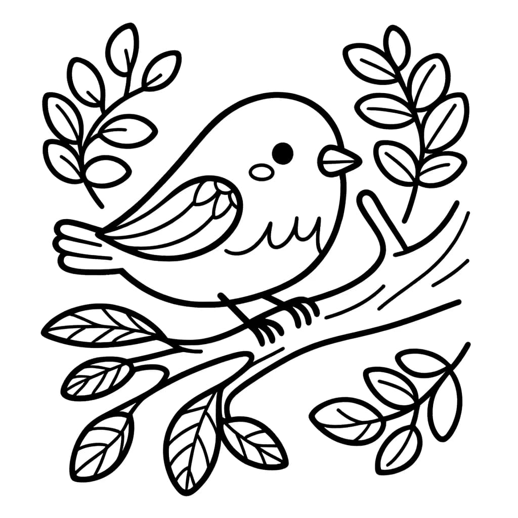 Ausmalbild - Vogel auf einem Ast - Vogel, Ast, Blätter