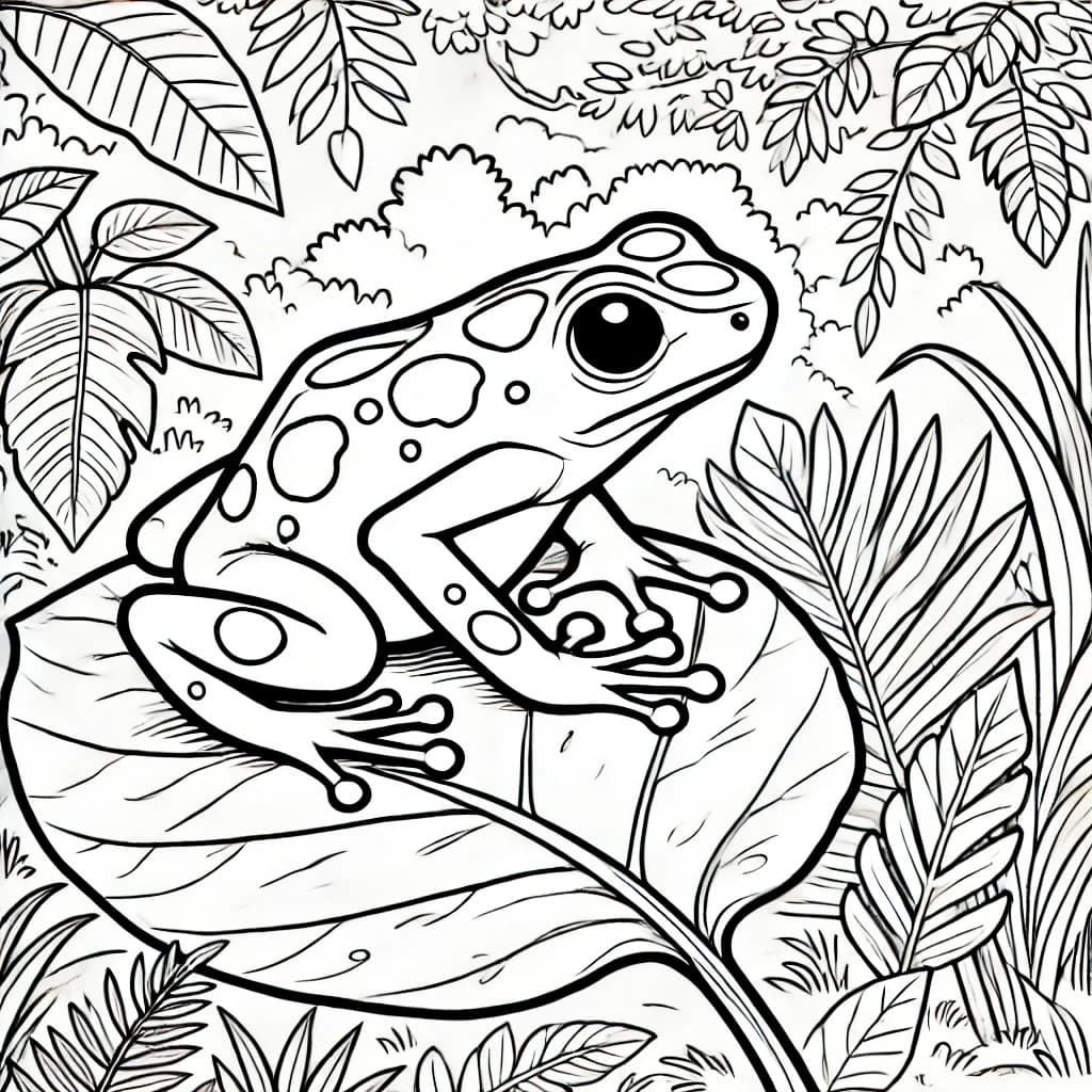 Ausmalbild - Blauer Pfeilgiftfrosch auf einem Blatt - Frosch, Pfeilgiftfrosch, Regenwald, Blätter