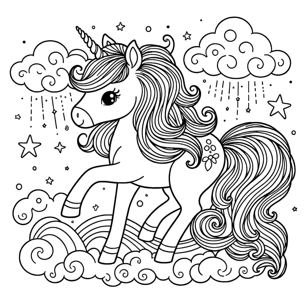 Ausmalbild - Zauberhaftes Einhorn unter Sternen - Einhorn, Wolken, Sterne, Fantasie