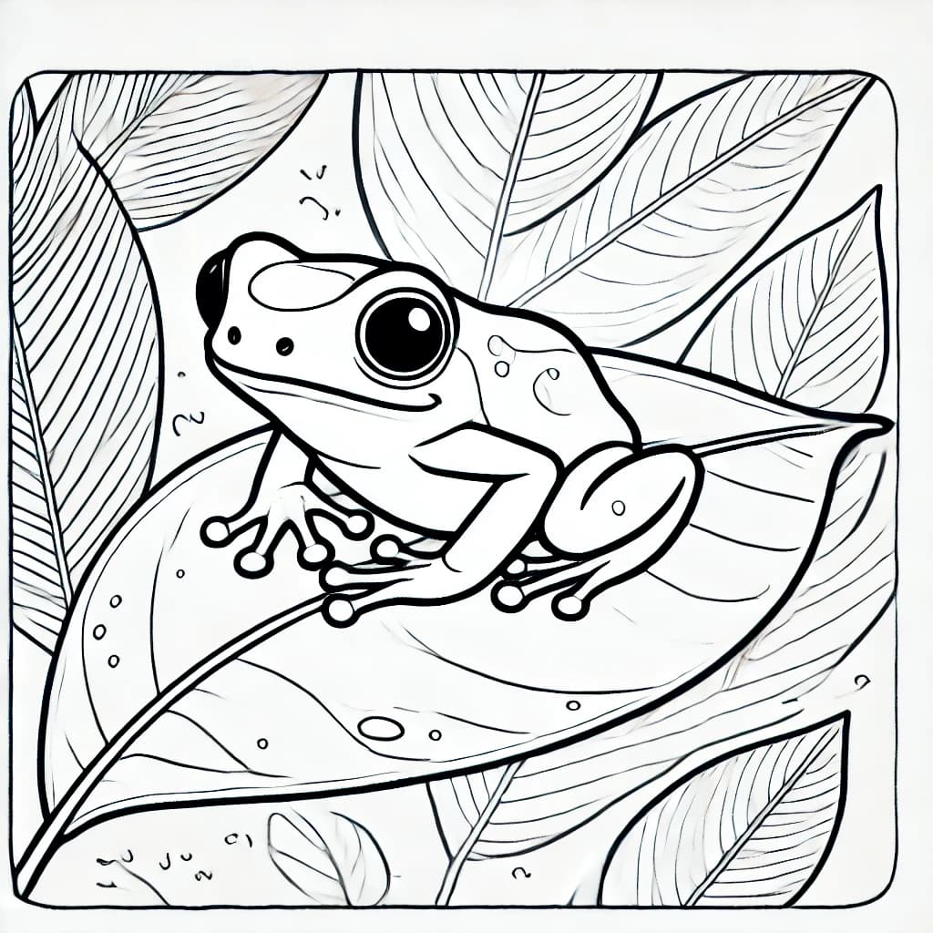 Ausmalbild - Blauer Pfeilgiftfrosch auf einem Blatt - Frosch, Pfeilgiftfrosch, Dschungel, Blätter