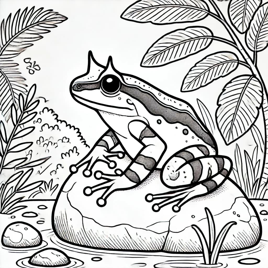 Ausmalbild - Langnasen-Hornfrosch im Dschungel - Frosch, Amphibien, Dschungel, Blätter