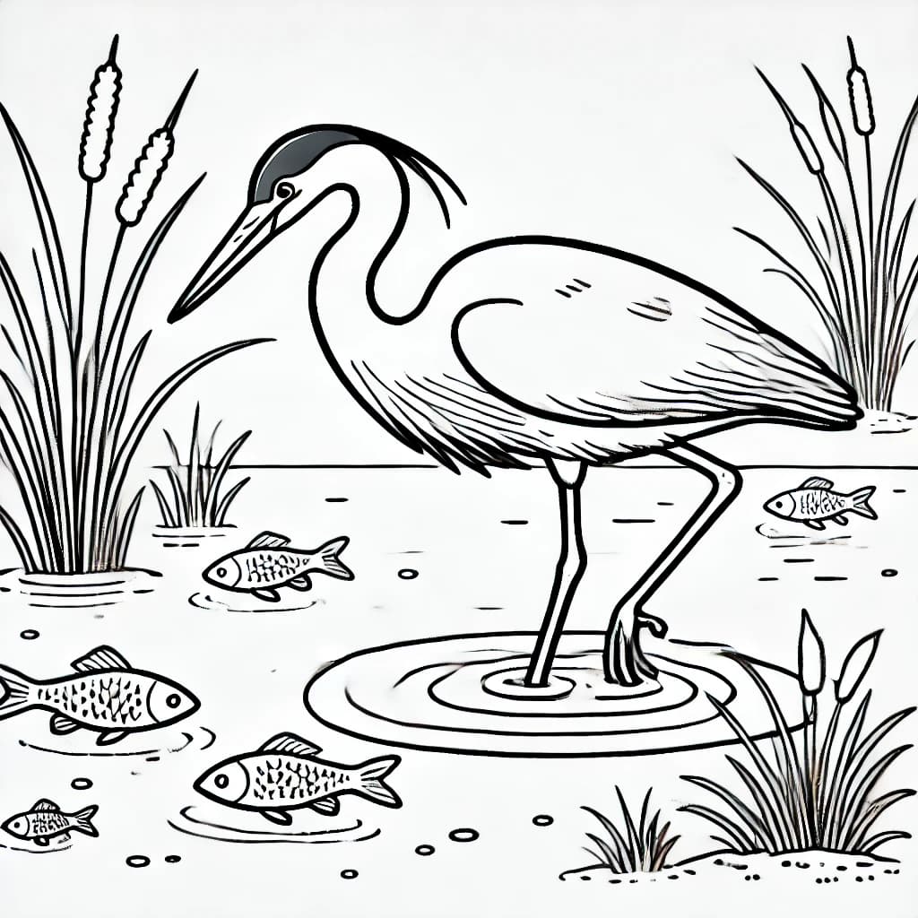 Ausmalbild - Reiher auf Fischsuche - Reiher, Wasser, Fische, Natur