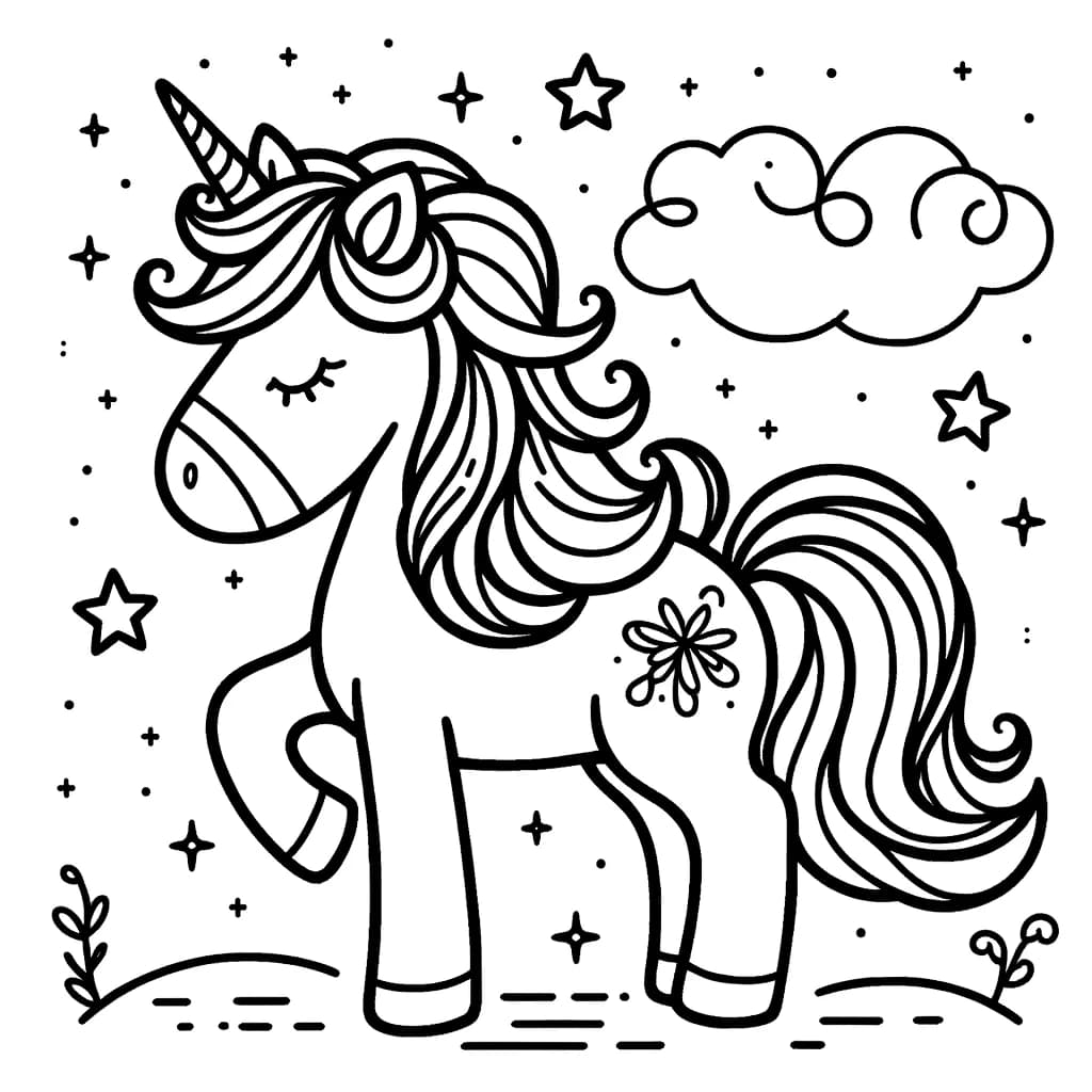 Ausmalbild - Einhorn im Sternenlicht - Einhorn, Sterne, Wolken, Magie