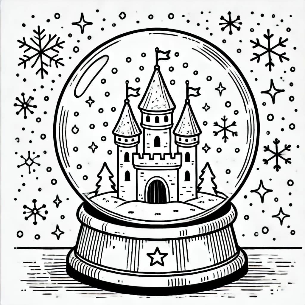 Ausmalbild - Glitzernde Schneekugel mit Schloss - Schneekugel, Schloss, Winter, Schnee