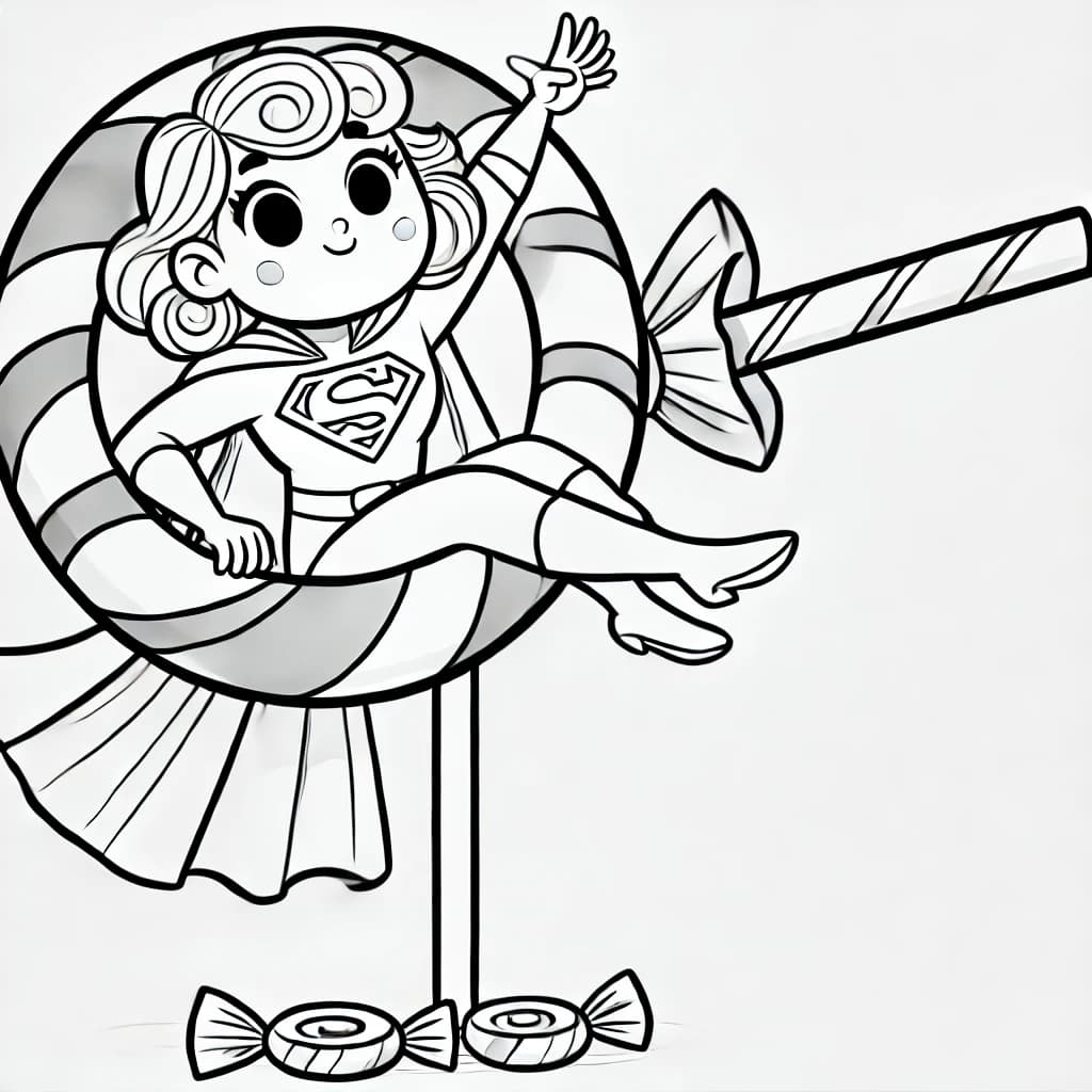 Ausmalbild - Superheldin im Lolli gefangen - Superheldin, Lolli, Süßigkeiten, Spaß