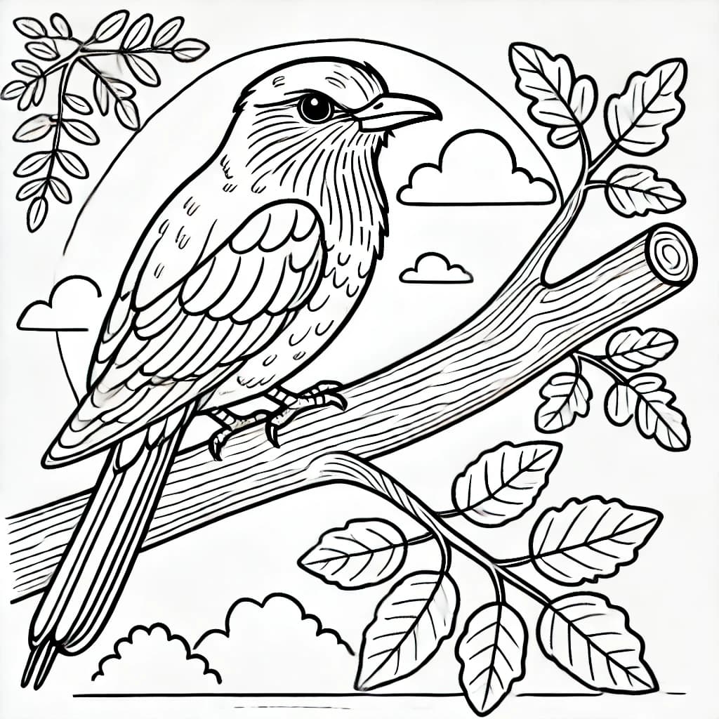 Ausmalbild - Gabelracke auf einem Ast - Vogel, Gabelracke, Baum, Blätter