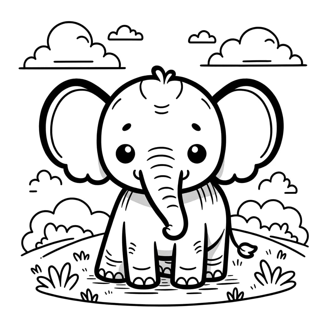 Ausmalbild - Der fröhliche Elefant - Elefant, Graslandschaft, Wolken, Tiere