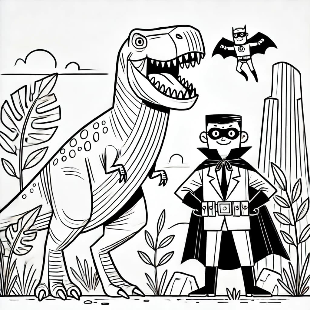 Ausmalbild - Tyrannosaurus Rex und der Held - Dinosaurier, Tyrannosaurus Rex, Held, Abenteuer