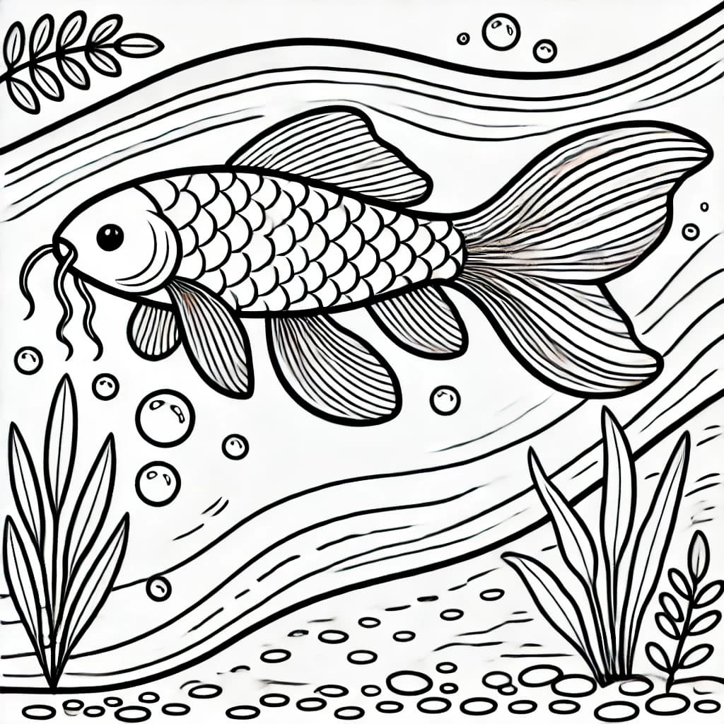 Ausmalbild - Kiemensackwels im Fluss - Fisch, Fluss, Wasser, Unterwasserwelt