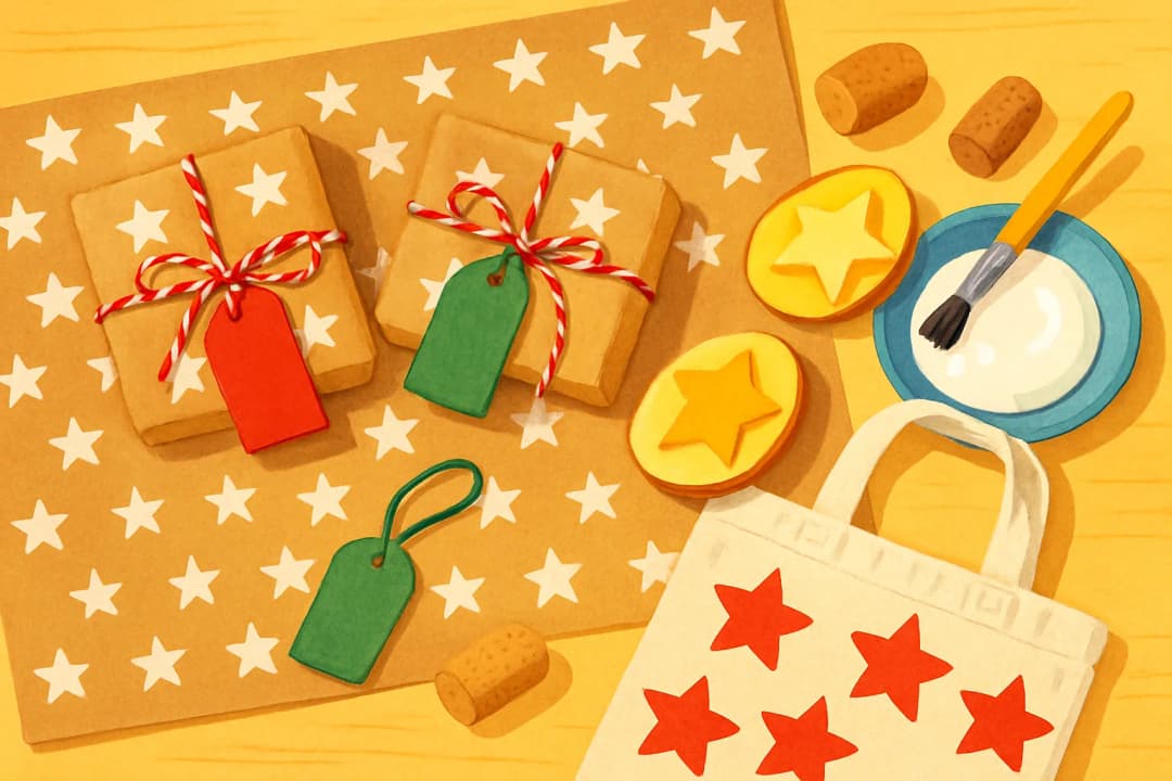 Basteln - Geschenke verpacken mit Kindern: Geschenkpapier und Anhänger für Weihnachten