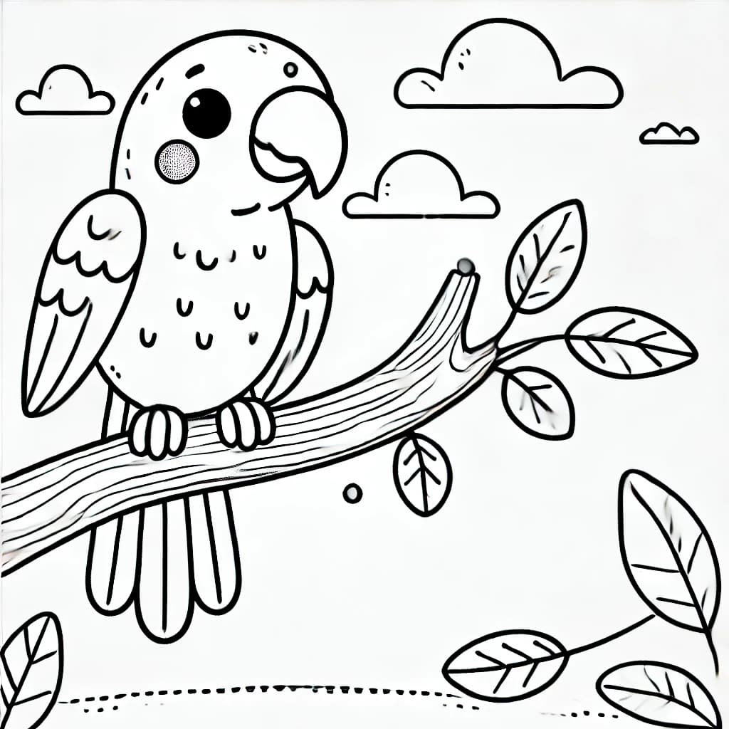Ausmalbild - Fröhlicher Papagei auf einem Ast - Papagei, Vogel, Ast, Blätter