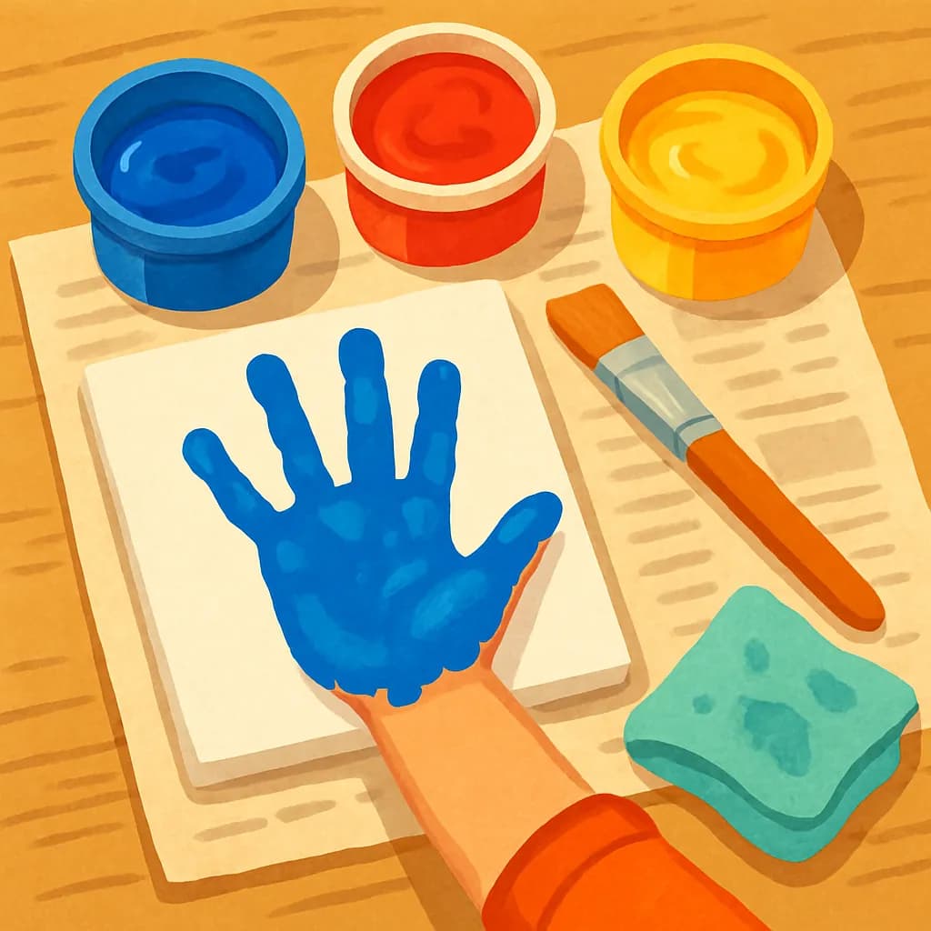 Kinderhand mit blauer Fingerfarbe wird auf eine kleine weiße Leinwand gedrückt, daneben stehen Farbtöpfchen, ein Pinsel und ein feuchtes Tuch