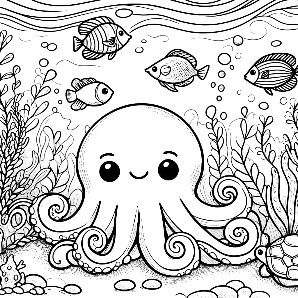 Ausmalbild - Meereswunder Oktopus - Meereslandschaft, Oktopus, Fische, Meeresschildkröte