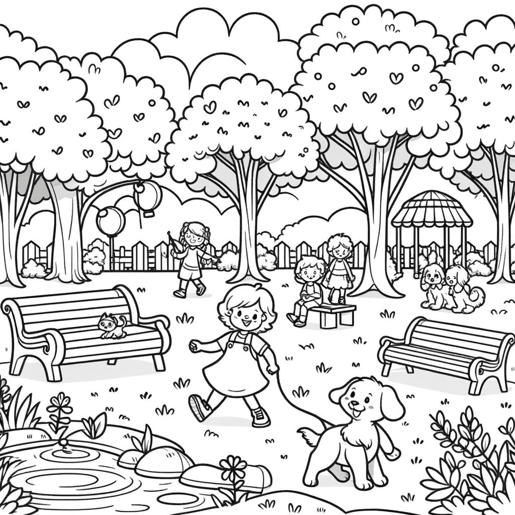 Ausmalbild - Spielplatz im Park - Kinder, Spielplatz, Hund, Bäume