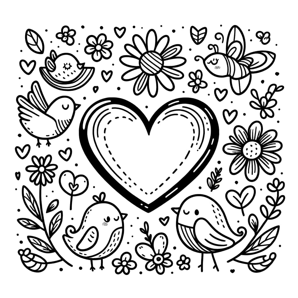 Ausmalbild - Liebe im Herzen - Herz, Blumen, Vögel, Schmetterlinge