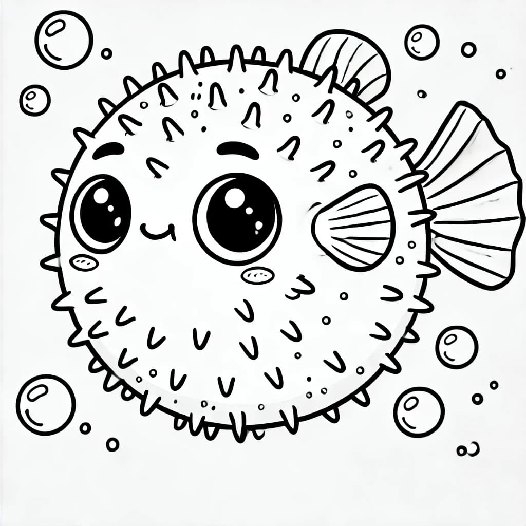 Ausmalbild - Kugelfisch im Ozean - Kugelfisch, Meer, Fisch, Blasen