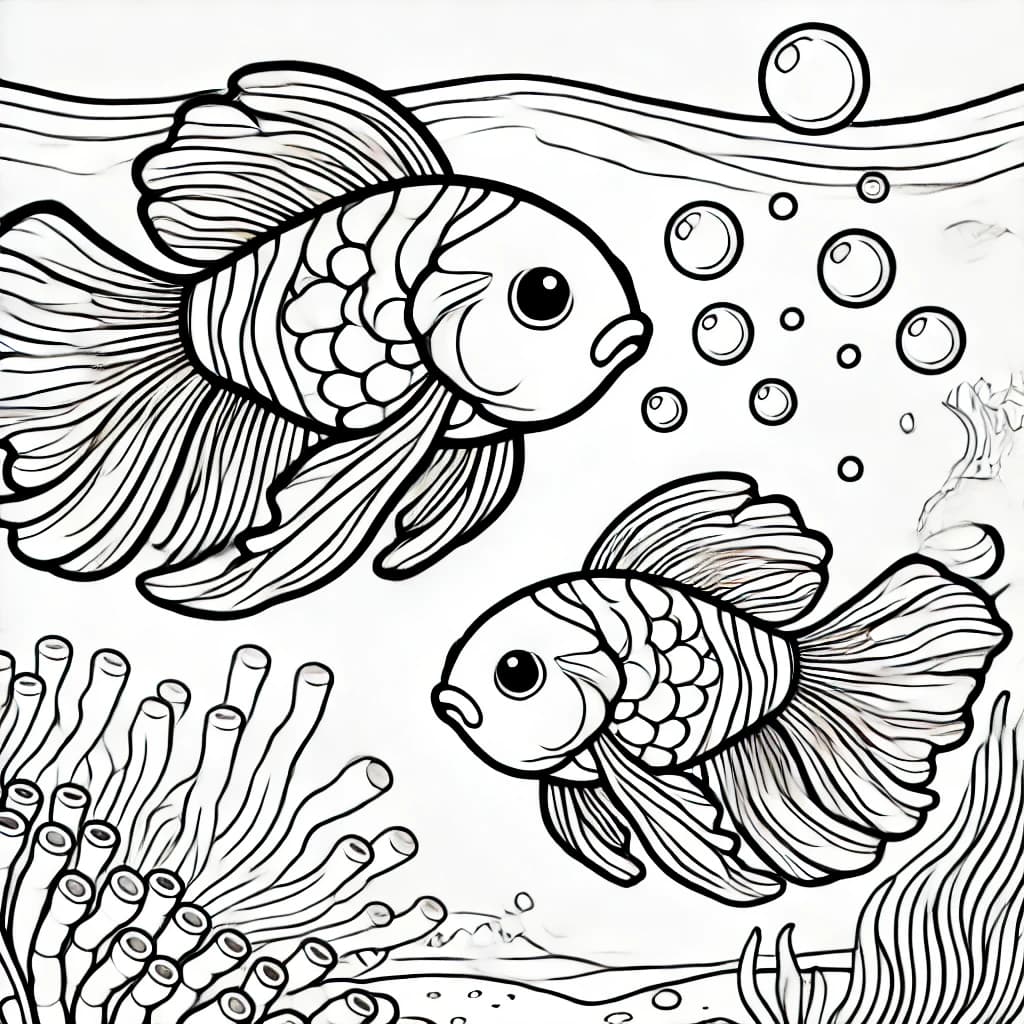 Ausmalbild - Zwei Mandarinfische im Meer - Mandarinfisch, Unterwasser, Fische, Korallen