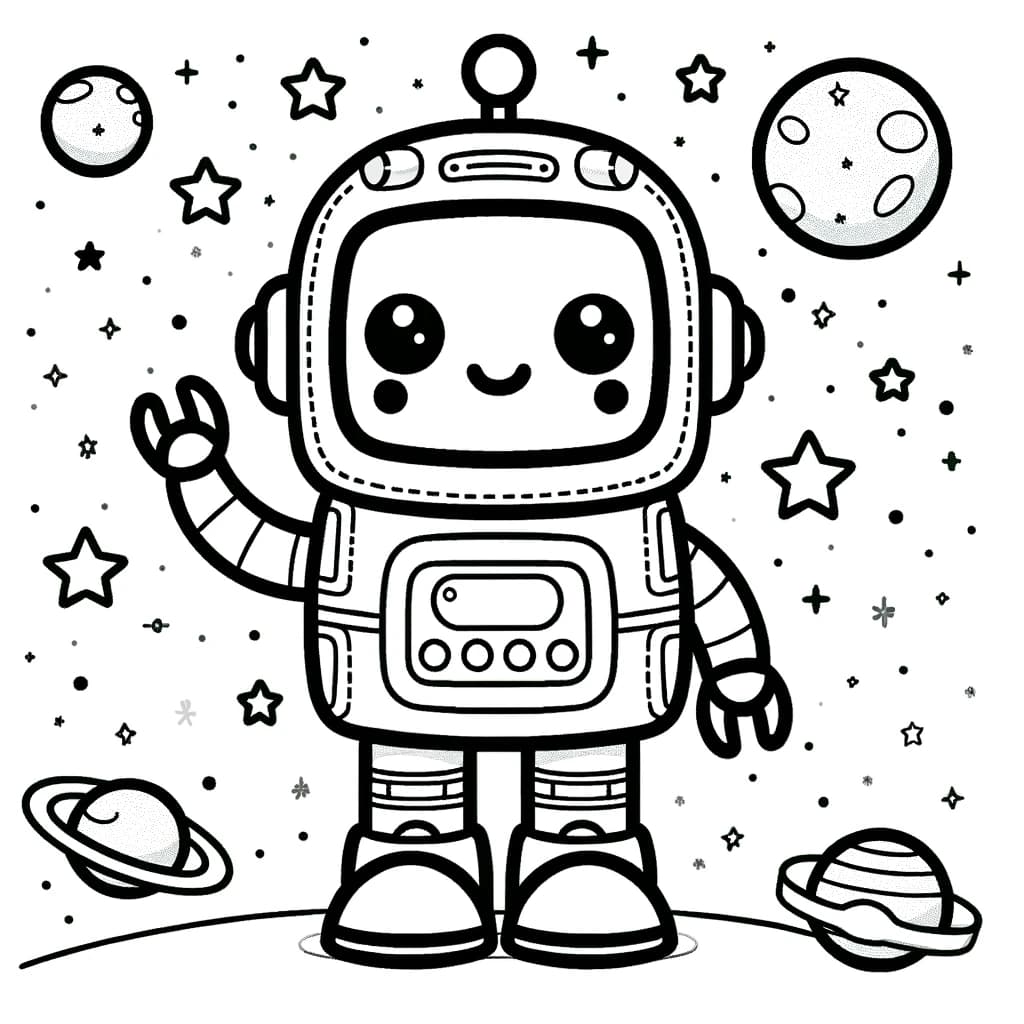 Ausmalbild - Freundlicher Roboter im Weltraum - Roboter, Weltraum, Sterne, Planeten
