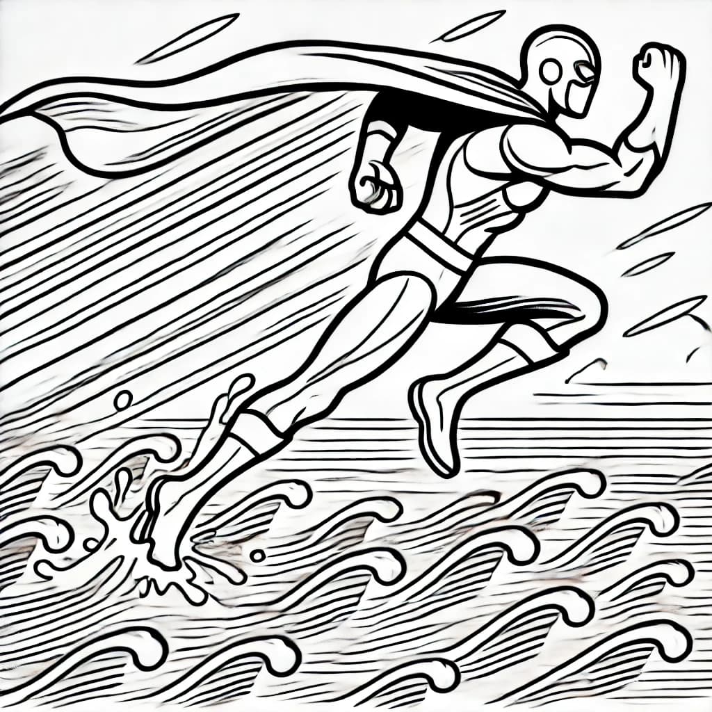 Ausmalbild - Der blitzschnelle Held auf dem Wasser - Superheld, Wasser, Wellen, Geschwindigkeit