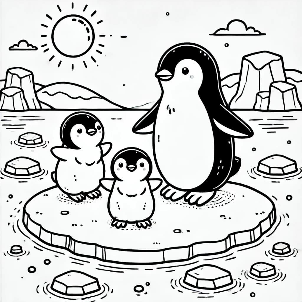 Ausmalbild - Pinguin-Familie auf dem Eis - Pinguin, Familie, Antarktis, Eis