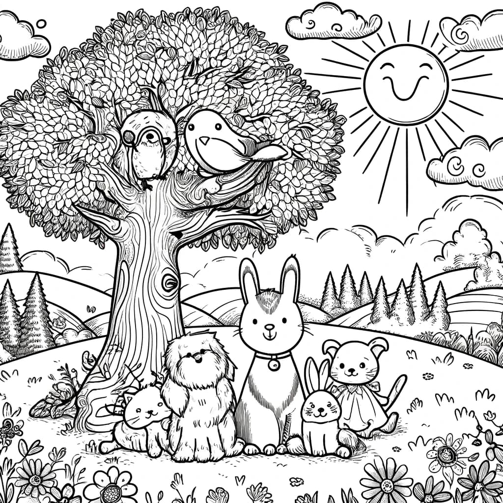 Ausmalbild - Friedliche Landschaft mit Tieren - Landschaft, Baum, Katze, Hund