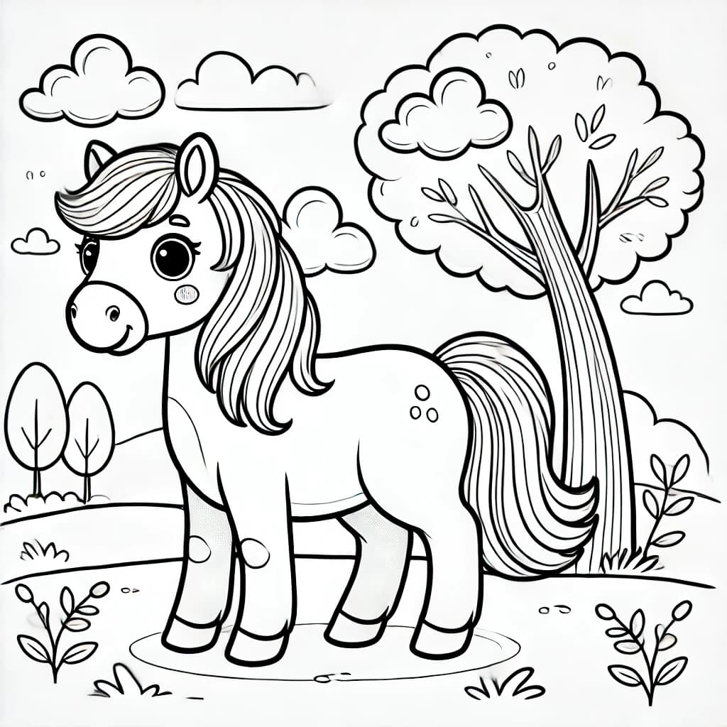 Ausmalbild - Pferd auf der Wiese - Pferd, Wiese, Natur, Tiere