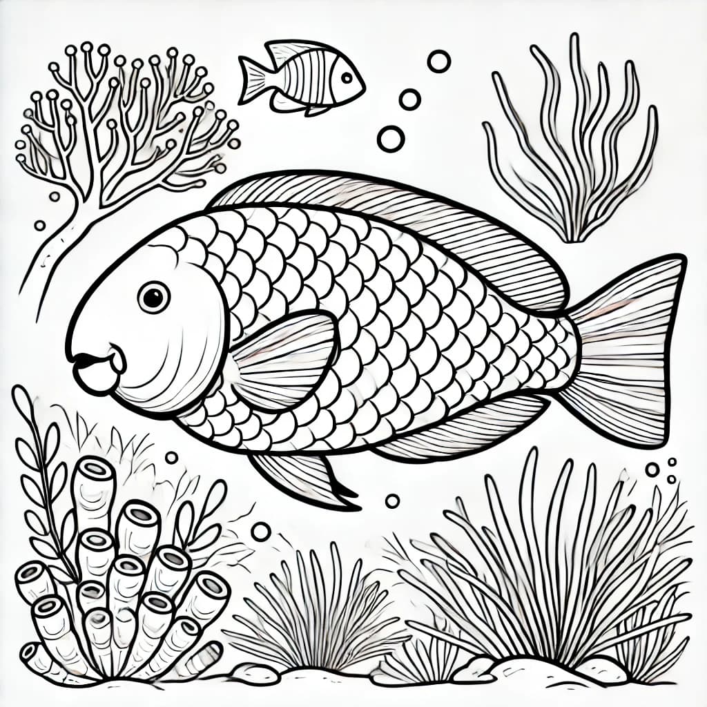 Ausmalbild - Parrotfisch im Korallenriff - Fische, Meer, Korallen, Unterwasser