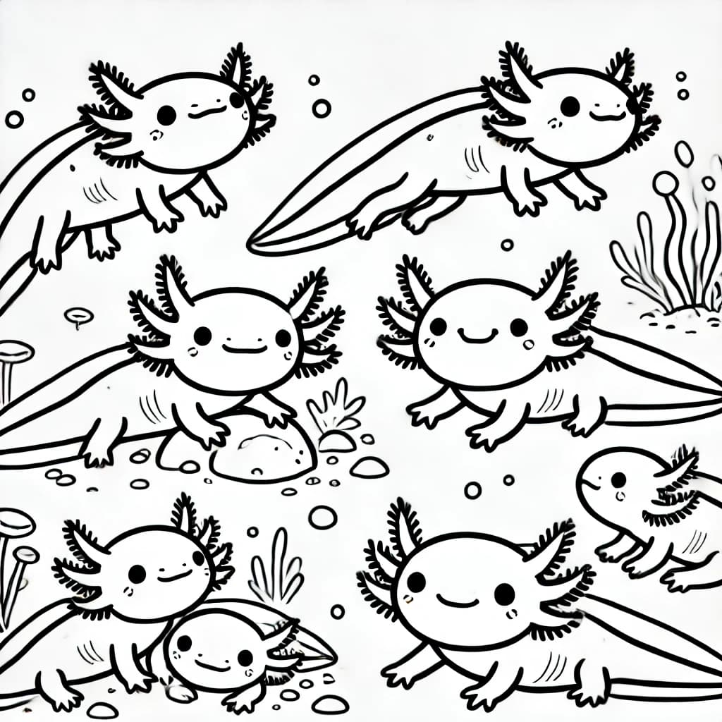 Ausmalbild - Verspielte Axolotl - Axolotl, Amphibien, Unterwasserwelt, Reptilien