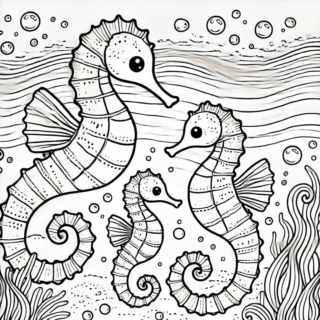 Ausmalbild - Familie Seepferdchen - Seepferdchen, Meer, Unterwasserwelt, Familie