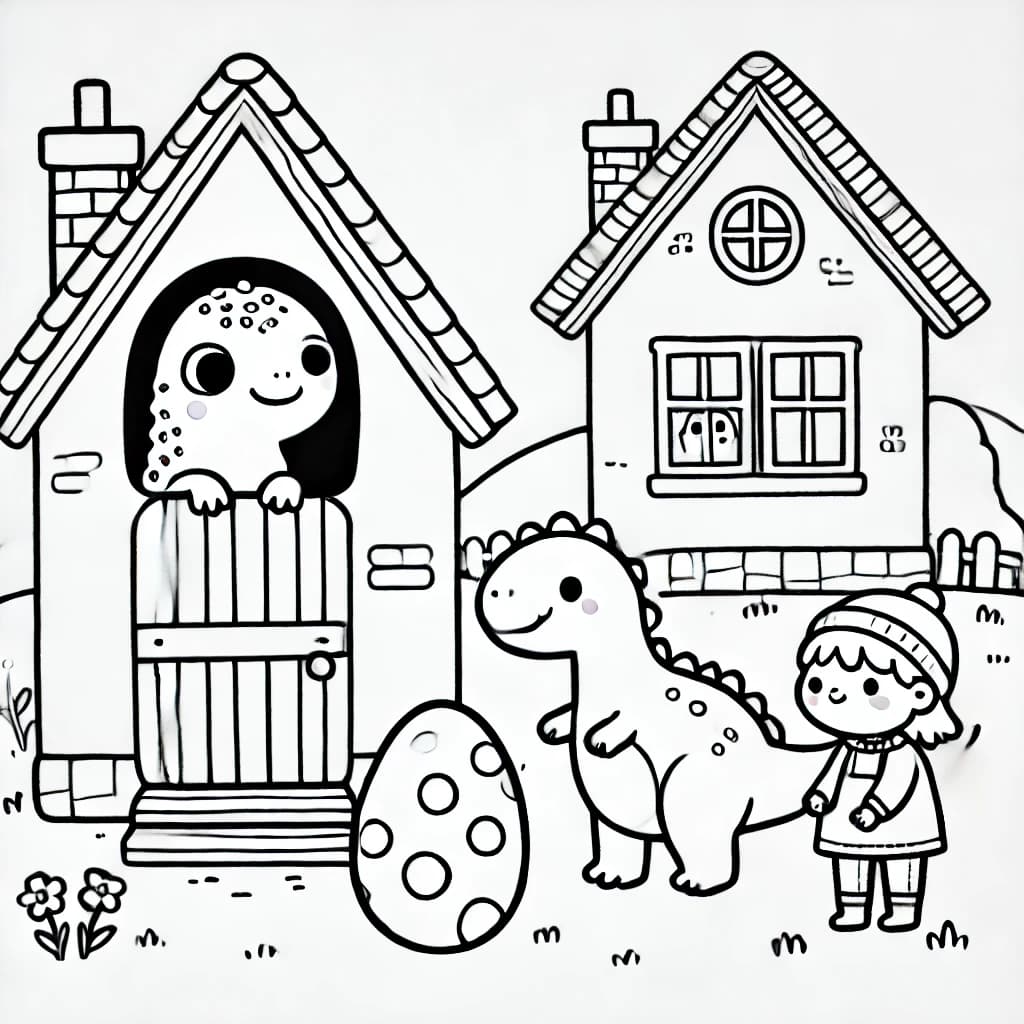 Ausmalbild - Dino-Häuser - Dinosaurier, Häuser, Kinder, Ei
