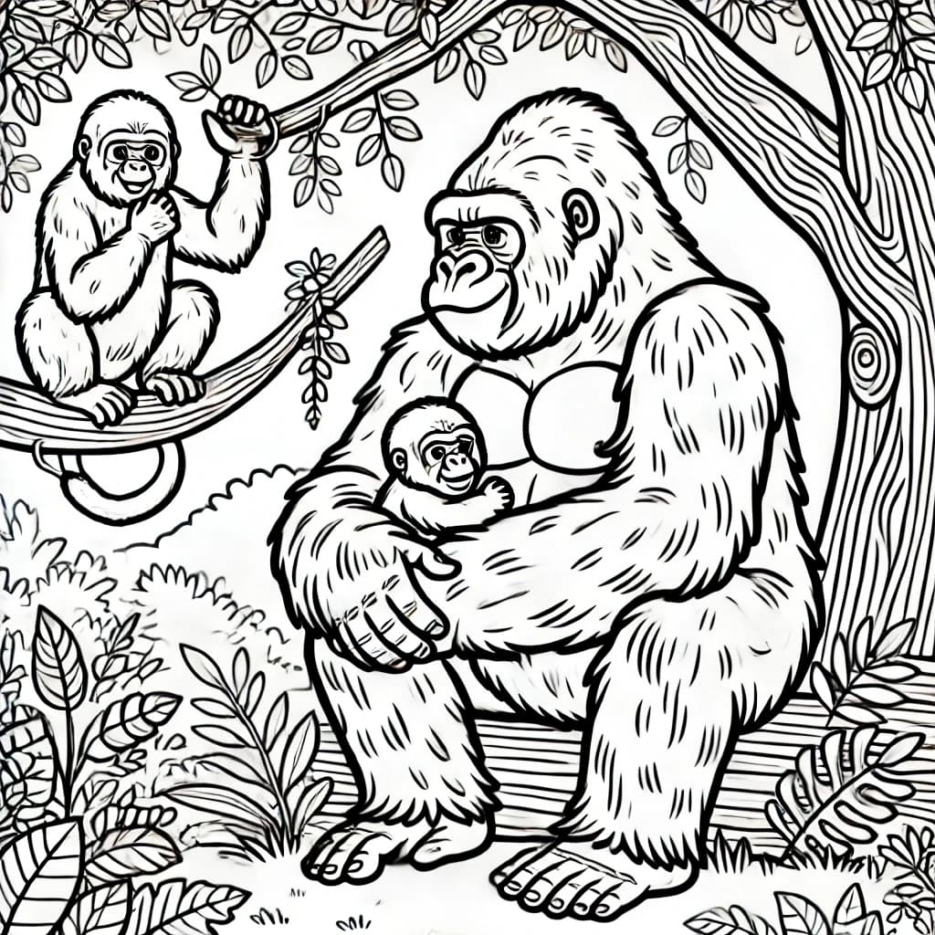 Ausmalbild - Gorilla-Familie im Dschungel - Gorilla, Familie, Dschungel, Affe