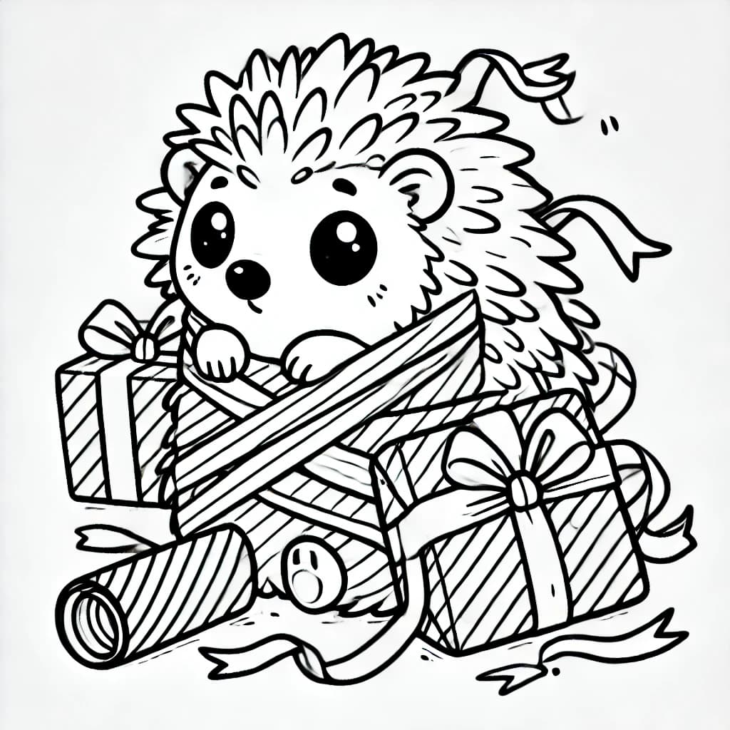 Ausmalbild - Stachelschwein im Geschenkpapier - Stachelschwein, Geschenkpapier, Tiere, Überraschung
