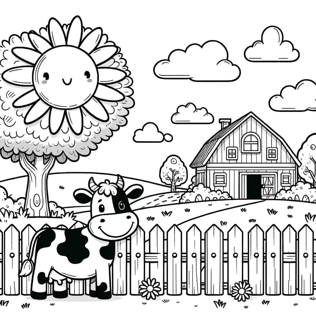 Ausmalbild - Friedliche Landschaft - Landschaft, Sonne, Kuh, Bauernhaus