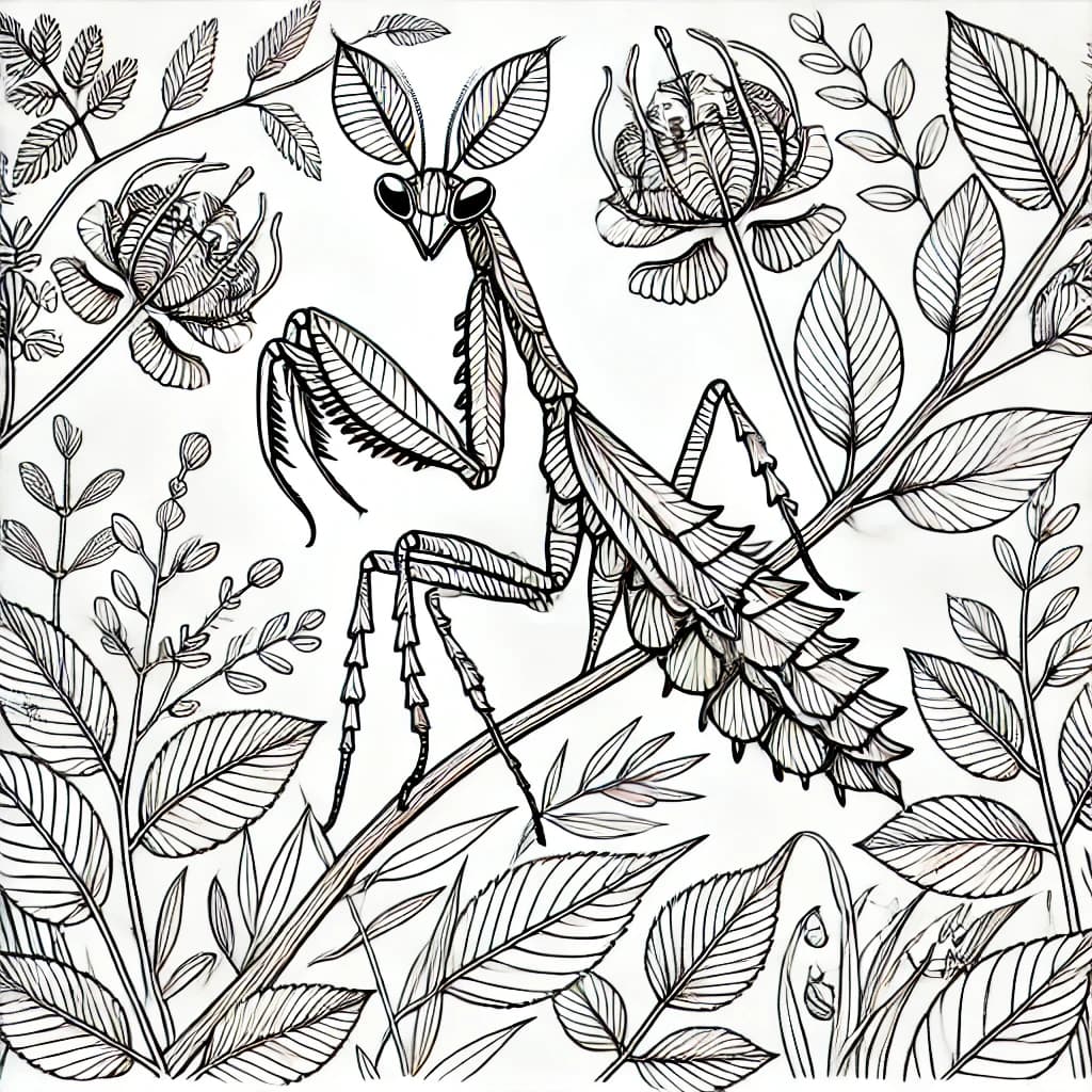 Ausmalbild - Teufelsblumen-Mantiden im Blätterwald - Gottesanbeterin, Insekten, Natur, Blätter