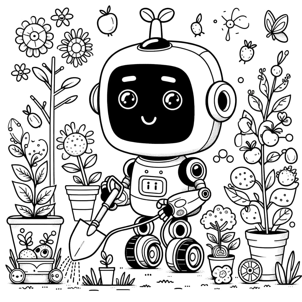 Ausmalbild - Der Garten-Roboter - Garten, Roboter, Pflanzen, Blumen