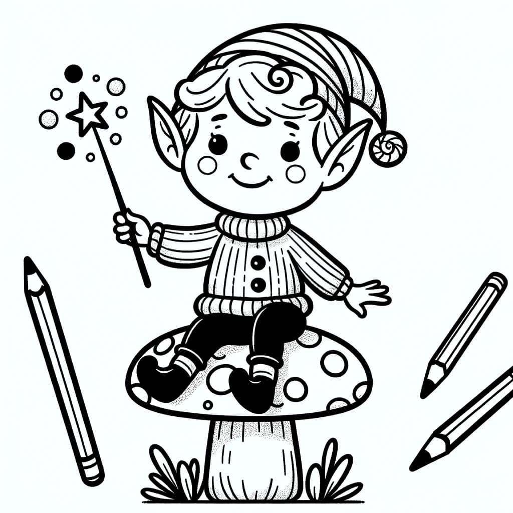 Ausmalbild - Die fröhliche Elfe - Elfe, Zauberstab, Pilz, Fantasie