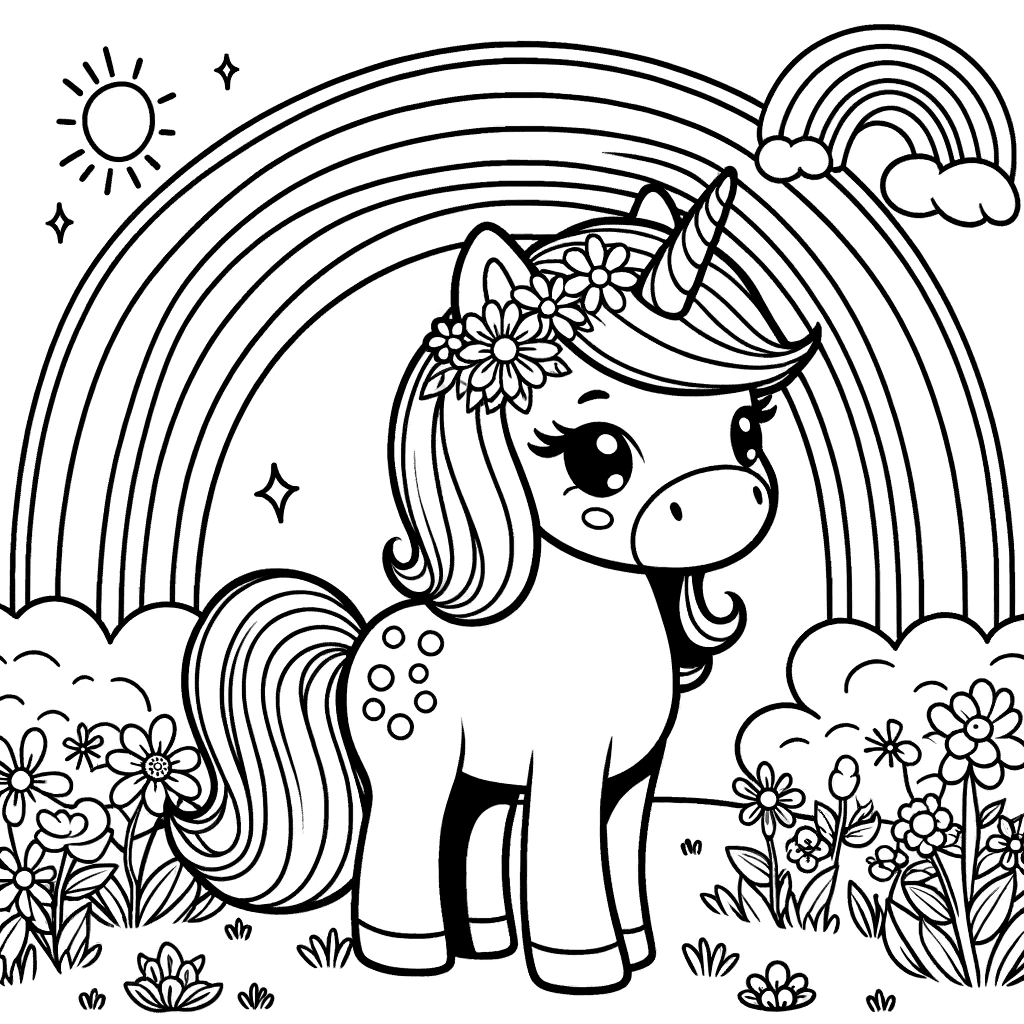 Ausmalbild - Fröhliches Einhorn in der Blumenwiese - Einhorn, Wiese, Blumen, Regenbogen