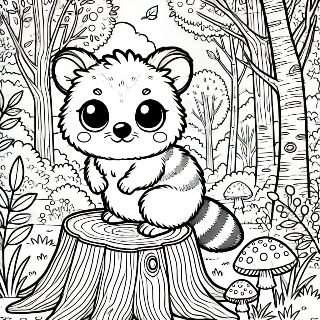 Ausmalbild - Numbat im Wald - Numbat, Wald, Baumstumpf, Bäume