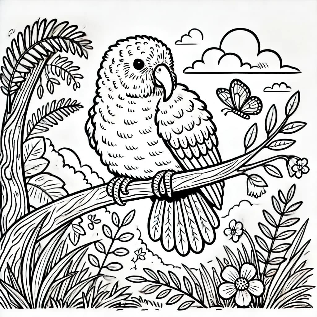 Ausmalbild - Kakapo auf einem Ast - Kakapo, Papagei, Neuseeland, Baum