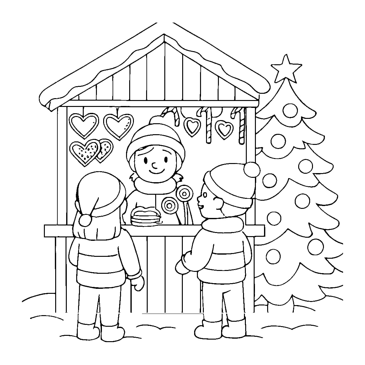 Ausmalbild - Weihnachtsmarkt im Advent - Advent, Weihnachtsmarkt, Lebkuchen, Weihnachten
