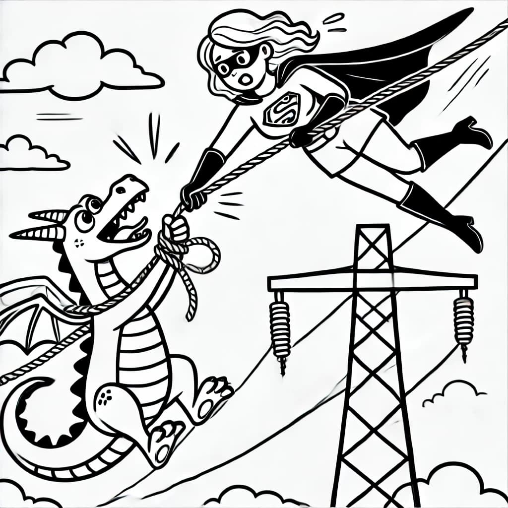 Ausmalbild - Die Superheldin und der Drache in Not - Superheldin, Drache, Rettung, Stromleitung