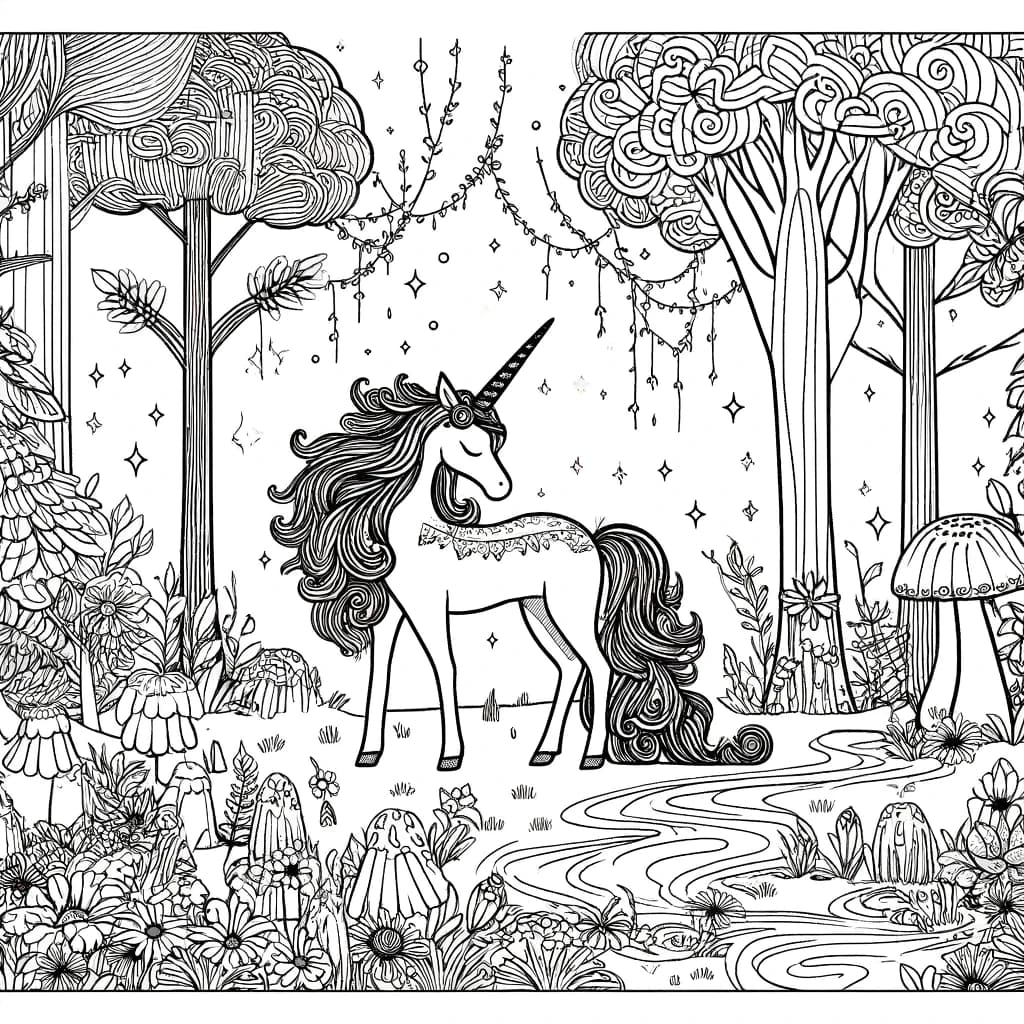 Ausmalbild - Einhorn im Zauberwald - Einhorn, Zauberwald, Bäume, Pilze