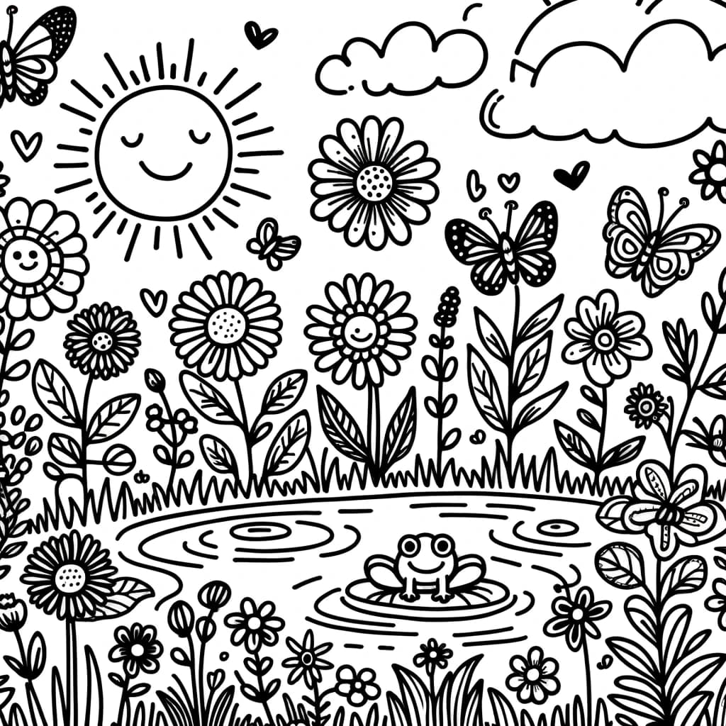 Ausmalbild - Der Zauberhafte Garten - Garten, Blumen, Schmetterlinge, Teich