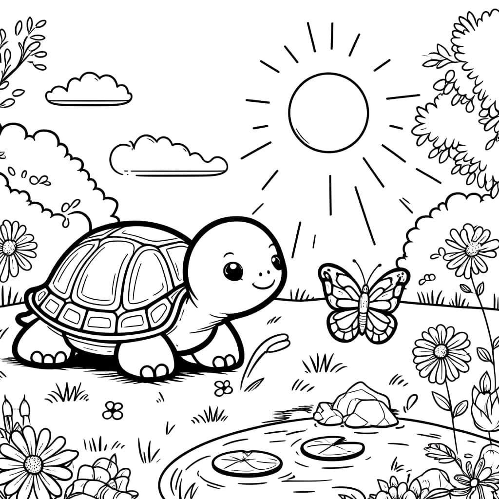 Ausmalbild - Die friedliche Schildkröte im Garten - Schildkröte, Garten, Blumen, Teich