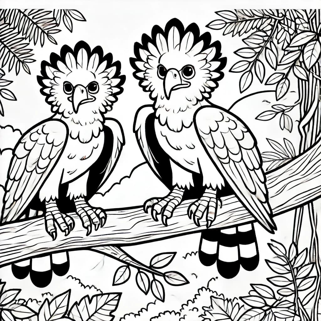 Ausmalbild - Harpyien im Dschungel - Harpyie, Adler, Dschungel, Baum